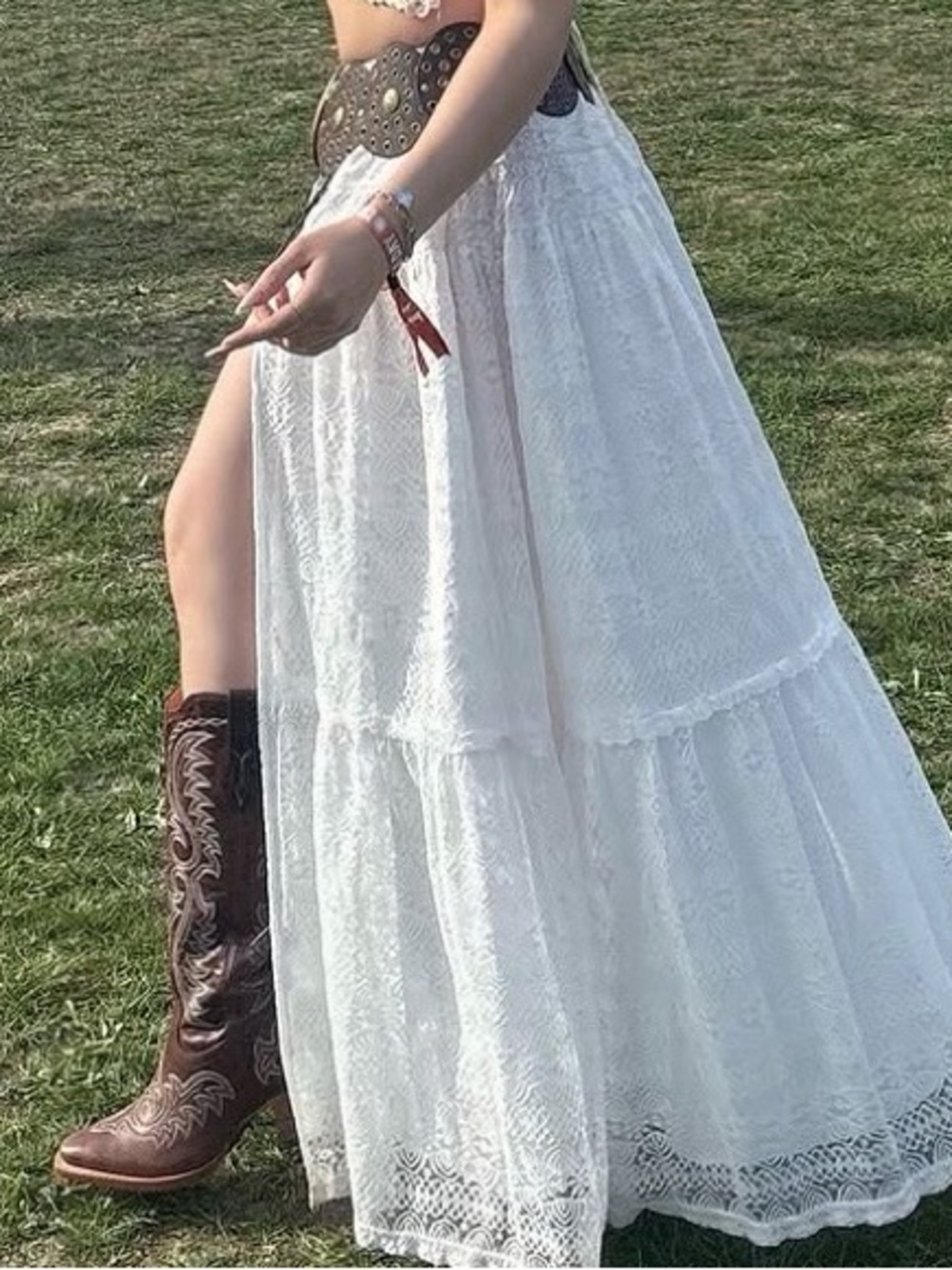 Boho Lace Tiered Maxi Skirt in White - Picture 1 of 4